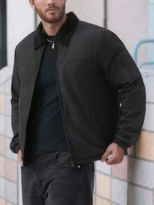 Manfinity Homme 时尚加厚保暖领多口袋拉链男士长袖夹克，防寒保暖户外风衣，秋冬季 - 黑色 - 查看 3