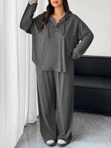 Dazy Plus 2件套纯色宽松连帽衫和裤子休闲时尚大码女装家居服套装 - 深灰色 - 查看 6