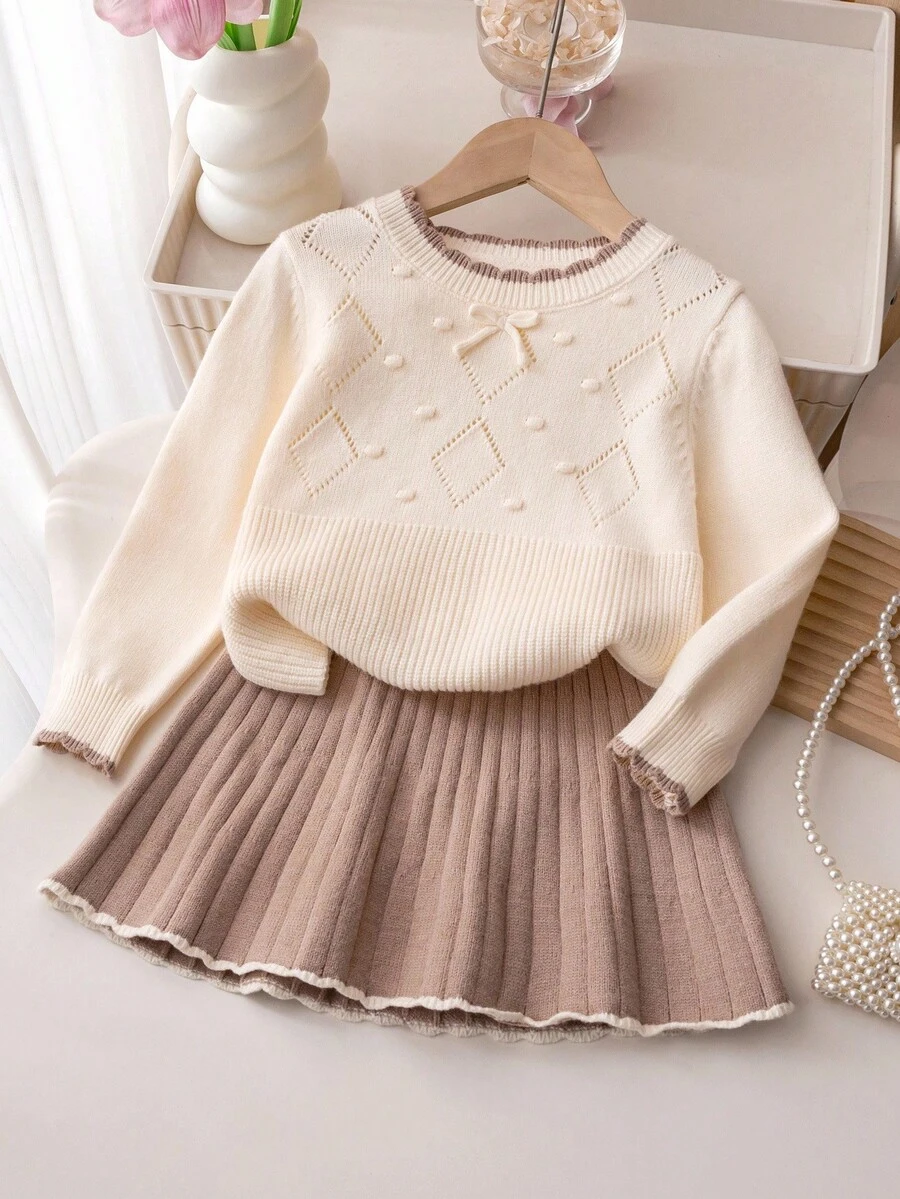 Souflis Souflis Young Girls 2 Pieces Knitted Set, Young Girl Cute Bow Sweater & Pleated Skirt Outfit, Winter