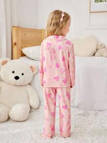 2pcs Girls Casual Pink Heart Print Long Sleeve Cardigan And Pants Homewear Set,Kids Fairy Autumn Holiday Night Pj Set,Girl Sleepwear Pajama Set - Dusty Pink - View 2