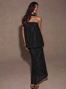 SHEIN Glamour 2 Stücke elegantes silbernes metallisches glänzendes elastisches Mesh Damen Set, trägerloses Top + körperbetonter Meerjungfrau Maxirock, Damen Party Outfit, Damen Bankett Anzug