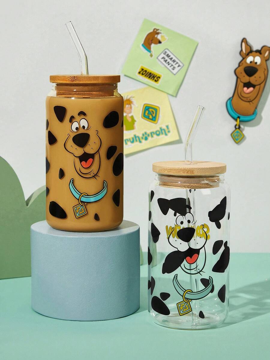 SCOOBY-DOO X SHEIN 1 个 500ml/17.6oz 狗图案玻璃杯，配有吸管清洁刷，耐热，可用于牛奶、果汁等。