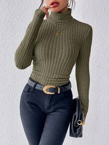 SHEIN Frenchy Camiseta de cuello alto con textura de punto acanalado y fruncido - Verde militar - Ver 4