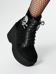 ROMWE Grunge Punk 女式厚底坡跟踝靴，哥特朋克风格绒面革骷髅刺绣图案，舒适后拉链黑色厚底高跟靴 - 黑色 - 查看 4