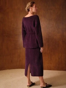 MOTF PREMIUM SOLID NOTCH NECK FLUFFY KNIT BELTED SWEATER & SPLIT BACK KNIT SKIRT SET - Violet Purple - View 8
