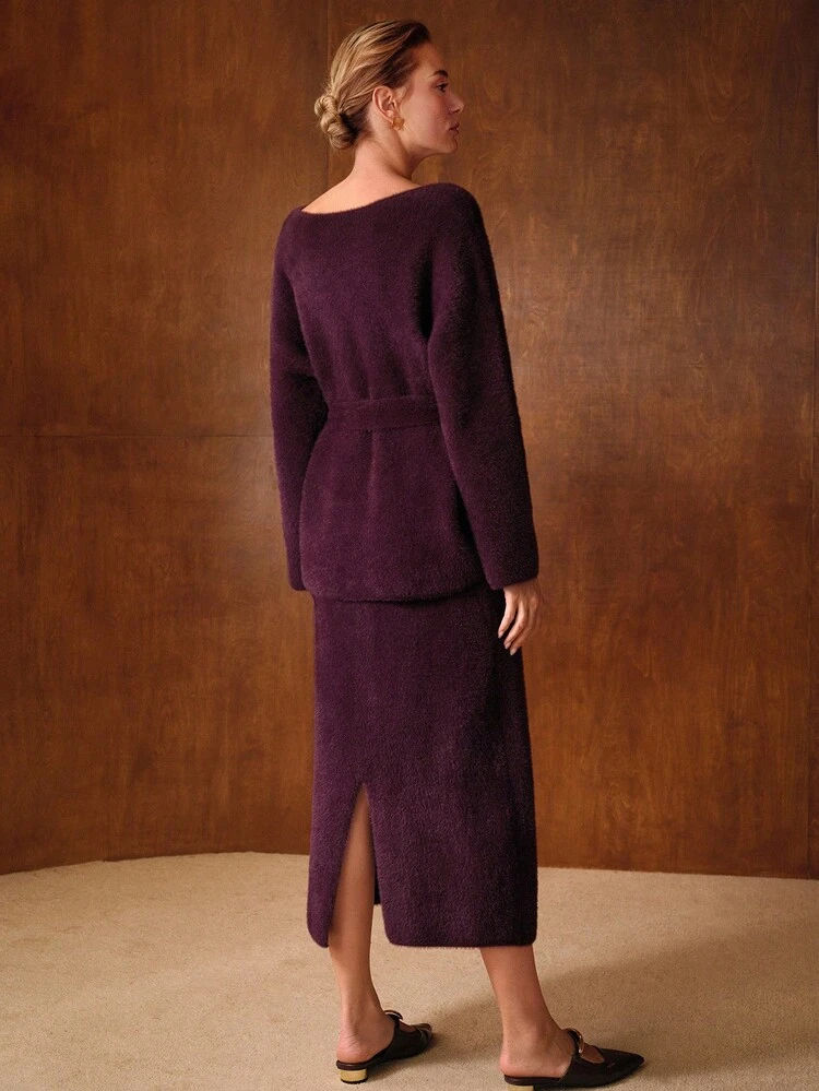 SOLID NOTCH NECK FLUFFY KNIT BELTED SWEATER & SPLIT BACK KNIT SKIRT SET