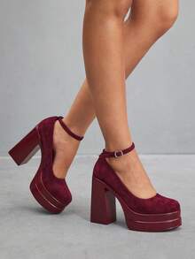 CUCCOO SZL 女式圆头高跟粗底酒红色踝带高跟鞋，时尚性感舒适休闲通勤鞋 - 酒紅色 - 查看 5