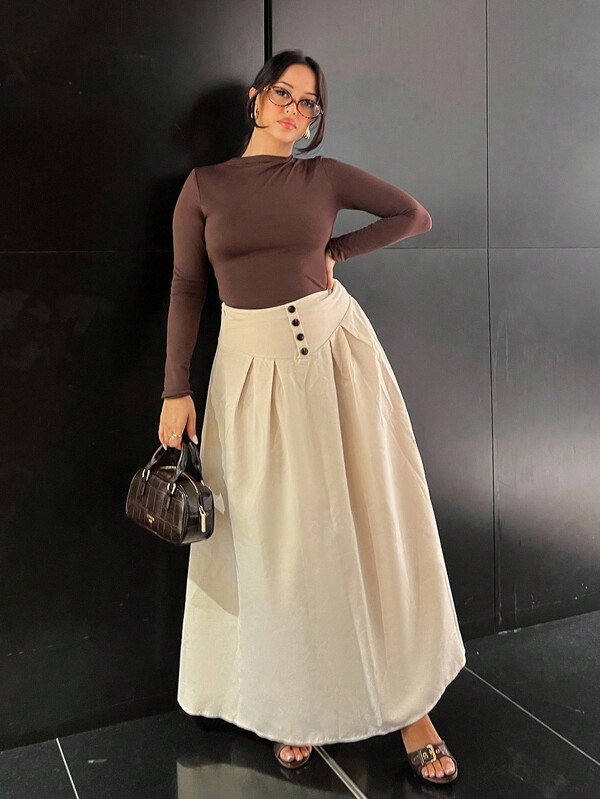 NegzBox Falda plisada con botones decorativos en forma de línea A, color albaricoque