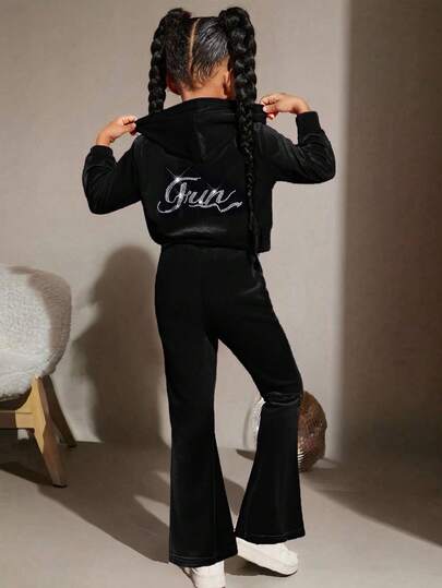 SHEIN 2 件套青少年女孩休闲时尚街头优雅假日天鹅绒水钻拉链连帽衫上衣和修身喇叭裤套装，适合圣诞节、新年派对、日常穿着