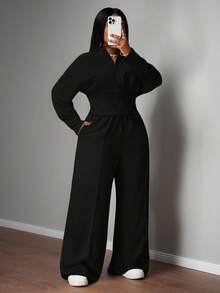 Slaydiva Ensemble décontracté femme grande taille, couleur unie, veste à capuche zippée à manches longues et pantalon, automne/hiver - Noir - Voir 3