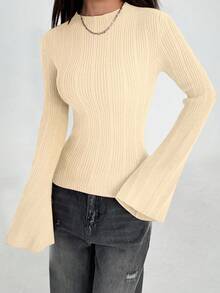 Flirla Áo len dài tay dáng xòe màu trơn thời trang dành cho nữ - Màu be - Xem 5