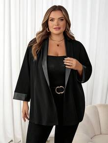 SHEIN CURVE+ 大码女式休闲个性化拼布皮夹克，春秋季 - 黑色 - 查看 5