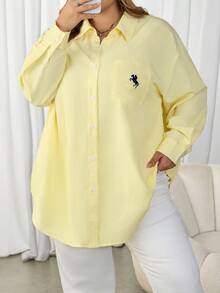 SHEIN CURVE+ 大码女式刺绣奶油色条纹宽松长袖衬衫 - 黃色 - 查看 2