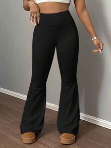 SHEIN Tween Girls Black Knit Thick Flare Pants, Casual Versatile Daily Fashion Pants - Black - View 1