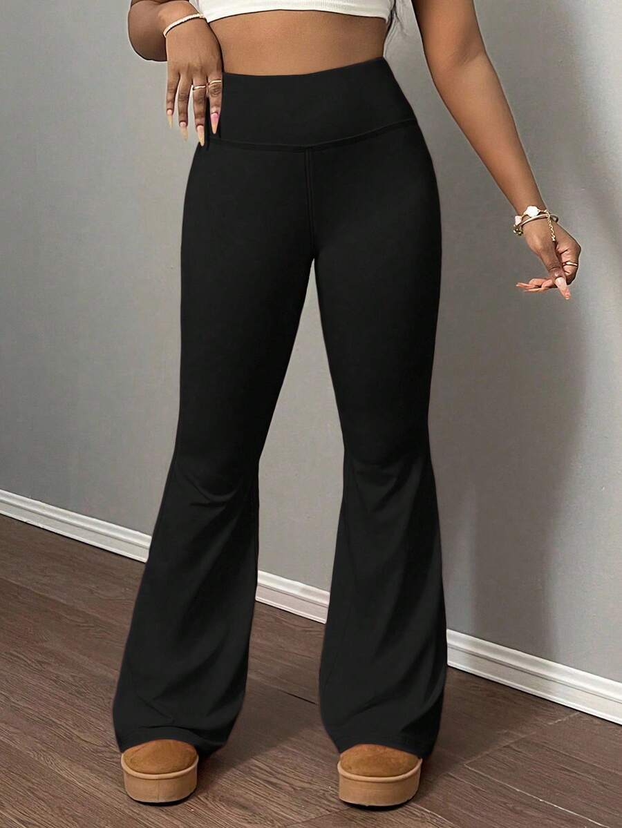 SHEIN Tween Girls Black Knit Thick Flare Pants, Casual Versatile Daily Fashion Pants - Black - View 1