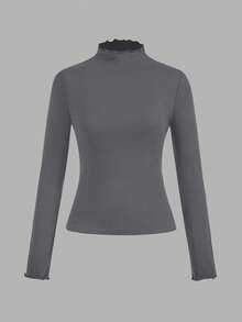 SHEIN EZwear 3 件女式高领荷叶边下摆紧身休闲长袖长款基本款 T 恤套装，95% 纯棉，适合秋冬分层穿着 - 彩色 - 查看 9