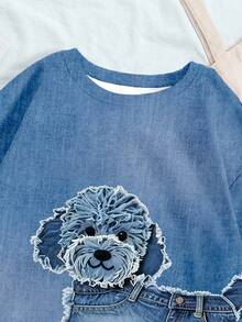 Sudadera casual cómoda y cálida con estampado de cachorro animal de dibujos animados, en degradado azul, para mujer. Adecuada para otoño/invierno