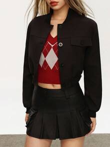 Rina Fox Women's Solid Color Long Sleeve Single-Breasted Baseball Collar Jacket, Autumn - Black - View 3