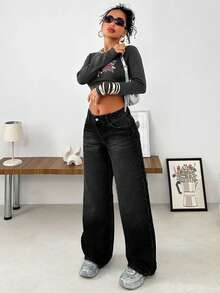 SHEIN Cottnline WOMEN WIDE LEG LOW WAIST JEANS - Dark Grey - View 5