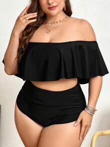 Swim Lushoire 夏季沙灘大尺碼女士假期露肩荷葉邊比基尼套裝 - 黑色 - 查看 4