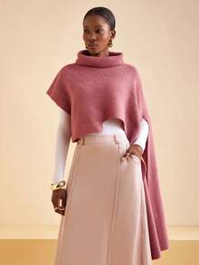 Zivah 冬季新款，圣诞节，新年，婚礼季，情人节，生日派对，毕业季，日常出行，基础款，百搭款，休闲度假，邮轮旅行，休闲优雅，通勤，街头欧式风，简约风，女士假日，高领，不规则袖，长款罩衫，斗篷袖，粉色羊毛套头衫，女士毛衣 - 紅木色 - 查看 3