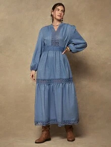 SHEIN VCAY Rochie elegantă de damă cu mânecă tip felinar și decolteu în V, mărime plus, din dantelă contrastantă