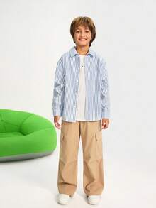 Leap Crew 青少年男孩条纹长袖衬衫，宽松休闲装，适合返校季、毕业季和日常穿着 - 藍色 - 查看 4
