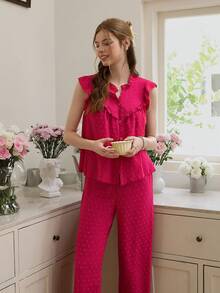Women's Polka Dot Jacquard Frill Trim V-Neck Cardigan & Long Pants Pajama Set