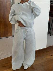 SHEIN EZwear Women's Autumn/Winter Thermal Lined Hoodie And Relaxed Fit Sweatpants Set For Going Out Outfits, Back To School, Streetwear - Light Grey - View 5