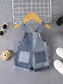 SHEIN Baby Boys' Cute Soft Color Block Loose Blue Denim Jumpsuit Overalls Shorts,For Summer Outfits - Medium Wash - View 3