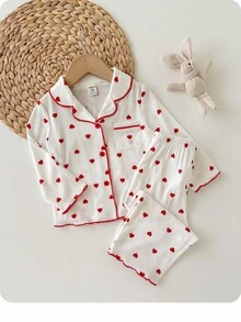 Baby Girl Cute Casual Versatile Knit Polka Dot & Heart Pattern Long Sleeve Pajama Set - White - View 4