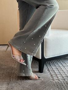 Dazy Plus Vintage Washed Elastic Fitted Flare Leg Jeans With Diamond Decor, Casual Denim Pants For Plus Size Women, All Season