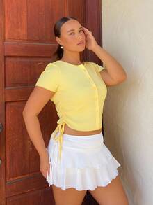 Nezia Cruz Women's Solid Color V-Neck Short Sleeve Drawstring Single-Breasted Casual T-Shirt, Summer - Yellow - View 3