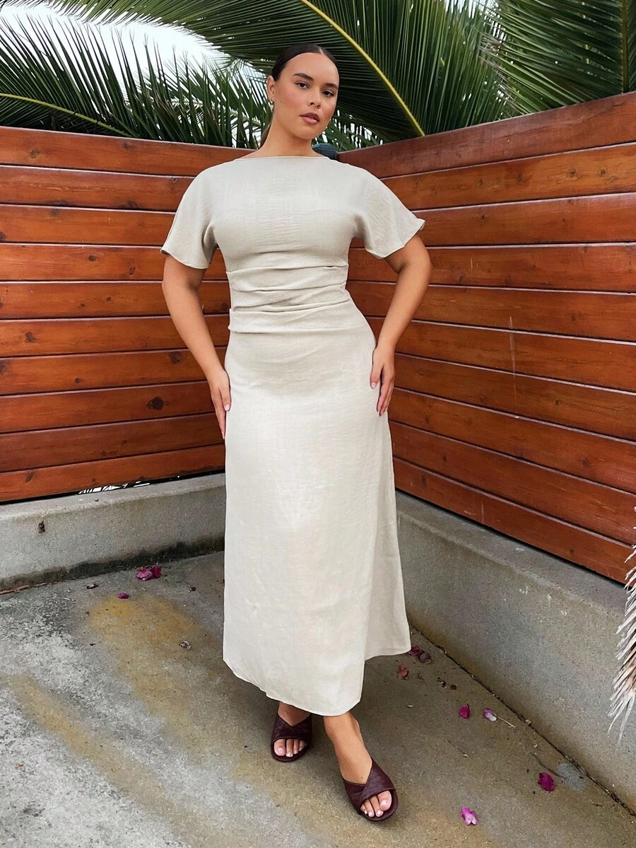 Nezia Cruz Robe d'été décontractée en lin mélangé pour femme, couleur unie jaune beurre, robe élégante et chic, robe de soirée avec nœud, robe de soirée élégante pour femme, robe de soirée pour femme, robe longue pour femme, robe de soirée longue pour femme, robe d'été pour femme, robe de graduation - Nude - Voir 1