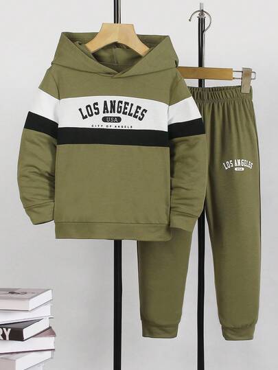 SHEIN Explorewe 2 件套年轻男孩欧美街头休闲日常字母印花宽松拼接拼色连帽卫衣和慢跑裤，字母图形设计，拼色拼接学院风，适合户外玩耍、日常穿着、返校、春季、秋季