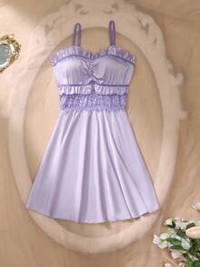 DelicateAllure Women's Lace Patchwork Ruffle Hem Satin Camisole Nightgown