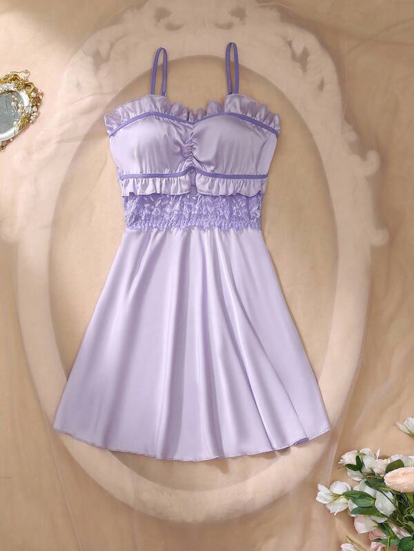 DelicateAllure Women's Lace Patchwork Ruffle Hem Satin Camisole Nightgown