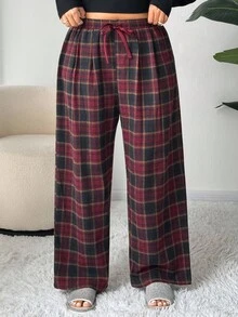 Dazy Plus Quần ngủ dài kẻ sọc thẳng rộng rãi, ấm áp cỡ lớn cho nữ, mùa xuân/thu, thu và đông - Màu Đỏ Sâu - Xem 4