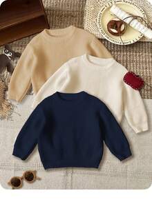 SHEIN 3pcs/Set Baby Boy Casual Loose Fit Round Neck Long Sleeve Sweater Outfit, Suitable For Autumn/Winter