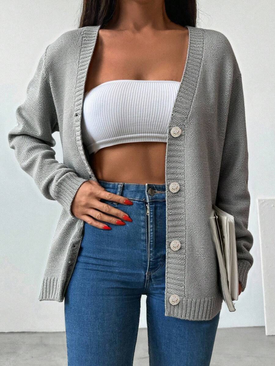 EURMUSE Women's Solid Color Double Breasted Cardigan - Light Grey - View 1