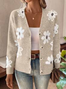 EMERY ROSE Women's Casual Floral Pattern Cardigan, Autumn/Winter - Apricot - View 5