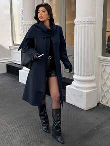 Easura Plus Size Women's Solid Color Long Sleeve Casual Jacket, Autumn/Winter - Navy Blue - View 3