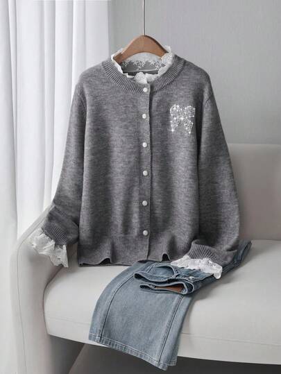 Franclia 大码女式纯色蝴蝶结蕾丝边开衫