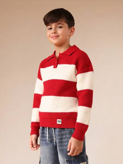 SUMWON Tween Boys Red White Striped Polo Collar Long Sleeve Knit Sweater Winter Knitwear Holiday Classic Rugby Style Pullover