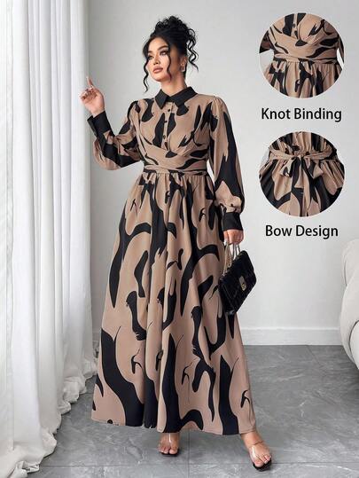  Elenzga 加大码女式时尚优雅撞色衬衫领腰扭纹全印花 A 字衬衫裙，秋季优雅长袖连衣裙