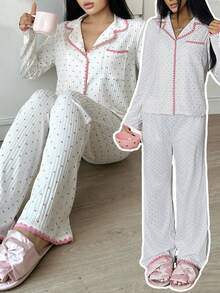 SHEIN Teen Girls Pajamas Cute Heart Contrast Trim Collar Girl Pajama Set Pajamas For Teens Heart Print Pajamas Girls Pajama Set Teen Girl Pajamas Lounge Set Fall Winter