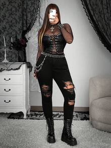 Whyspr 垃圾朋克骷髅女式加大码破洞紧身牛仔裤 - 黑色 - 查看 5