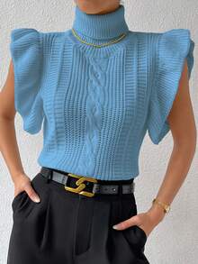 RosyDaze Women's Autumn/Winter High Collar Cable Pattern Ruffle Sleeve Knitted Vest - Blue - View 4