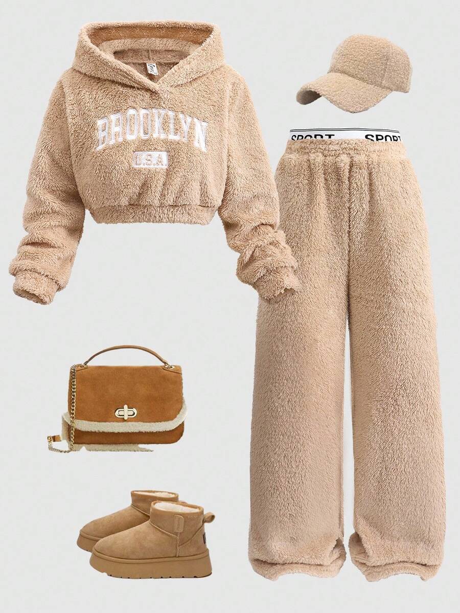 SHEIN Girlism 青少年女孩休闲双面蓬松宽松落肩连帽衫 + 字母图案蓬松抽绳裤套装，适合日常穿着、学校、秋冬羊毛装 - 卡其色 - 查看 1