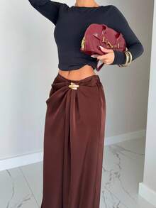 Siren Gaze Pantalones de oficina de moda para mujer con decoración de metal - Marrón - Ver 2